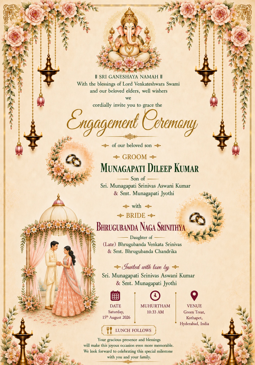 Groom-side engagement invitation for Dileep and Srinithya